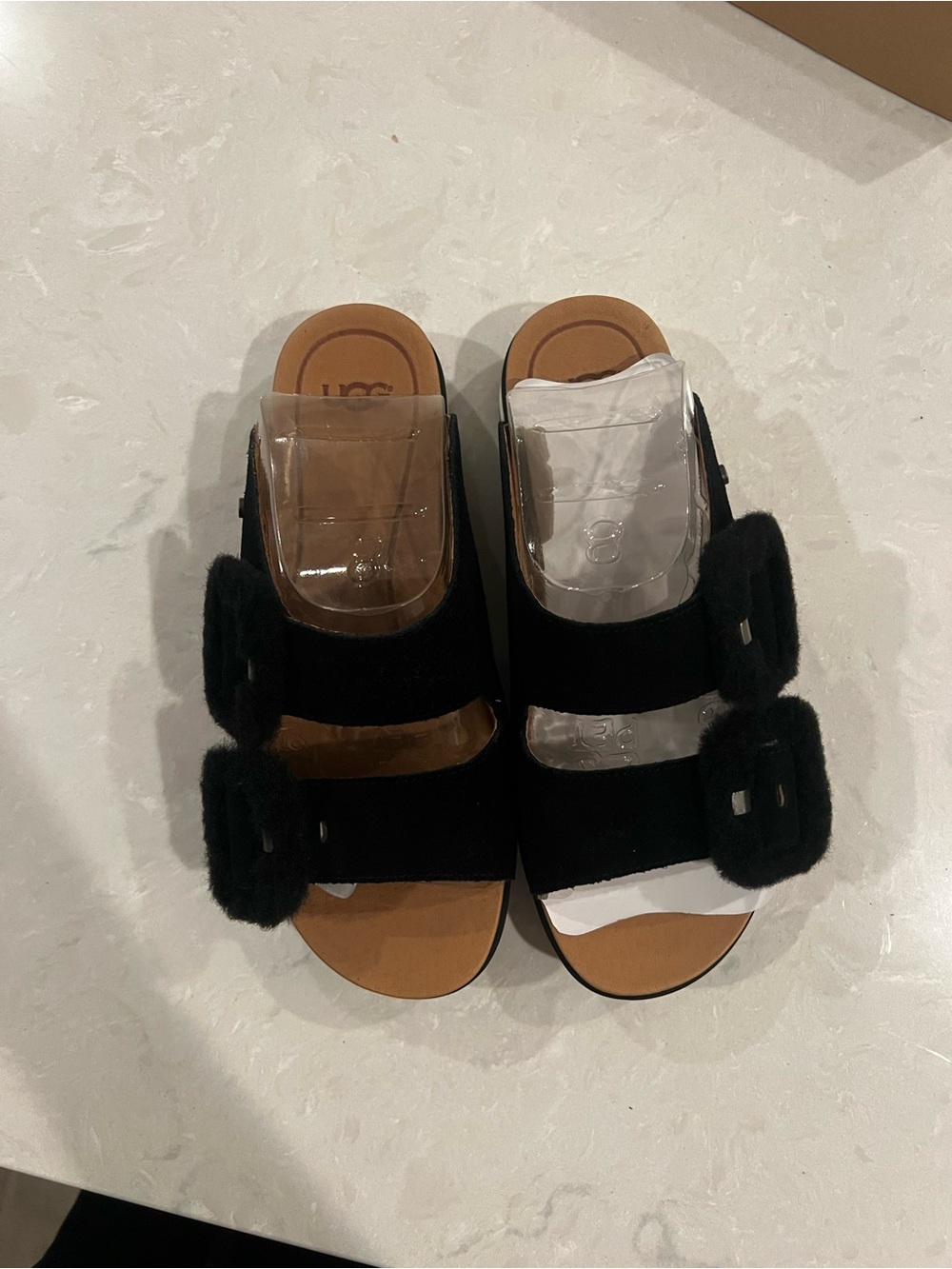 UGG Black Fuzzy Double Strap Platform Sandals Size 8 New in Box